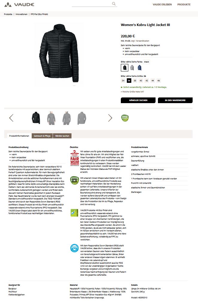 Sustainability info to the product