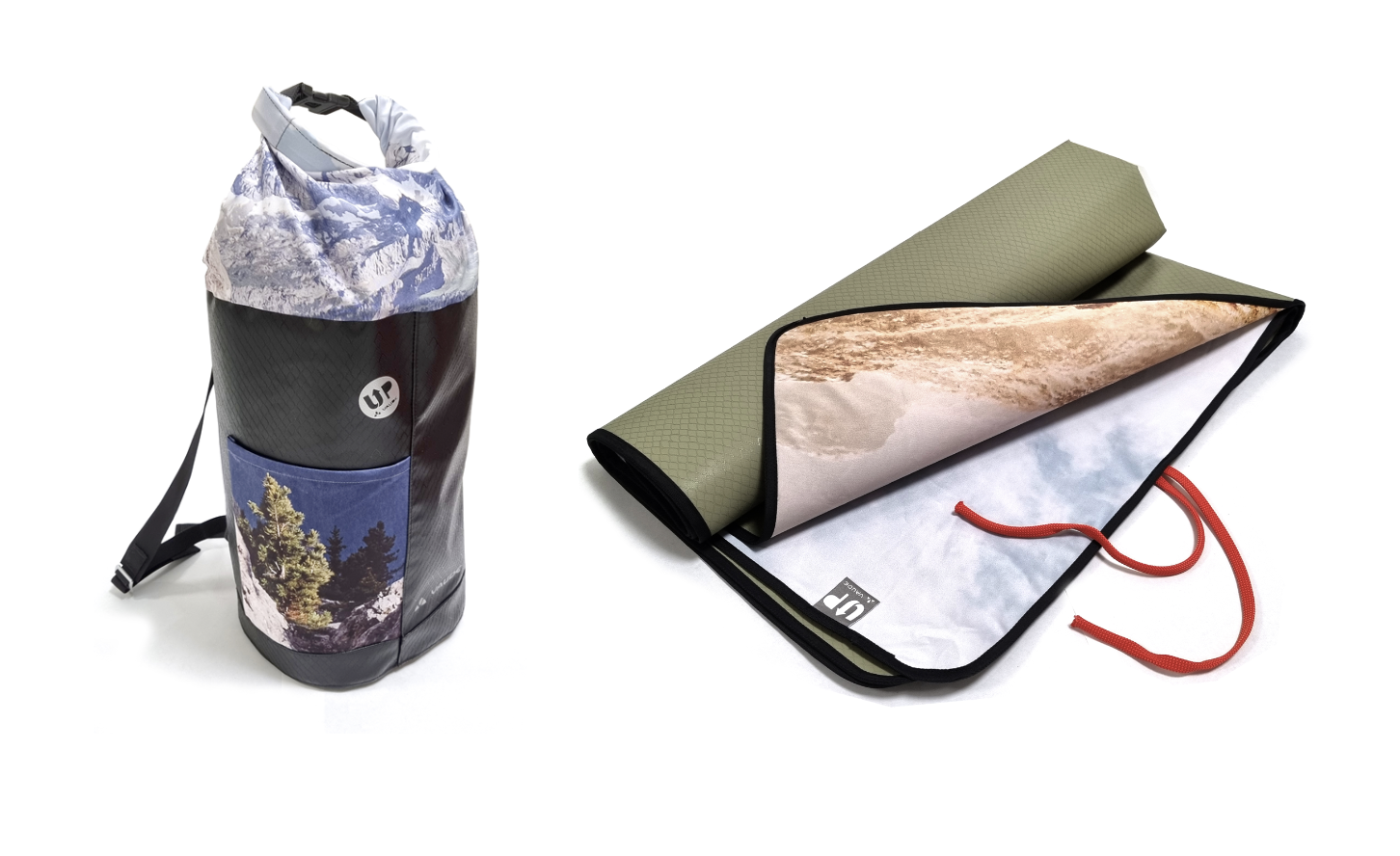 Examples from the Upcycling Collection: backpack and picnic blanket 